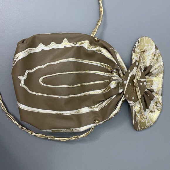 Vintage 80s Terry Toni Shoulder Bag Purse Hand Painted White Gold Leather Brown - Picture 10 of 16